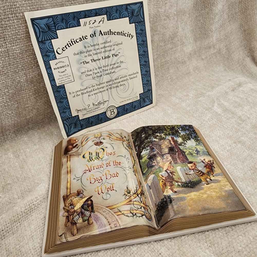 Three Little Pigs Story Book Plate & Certificate- NIB- 1997 Bradford Exchange